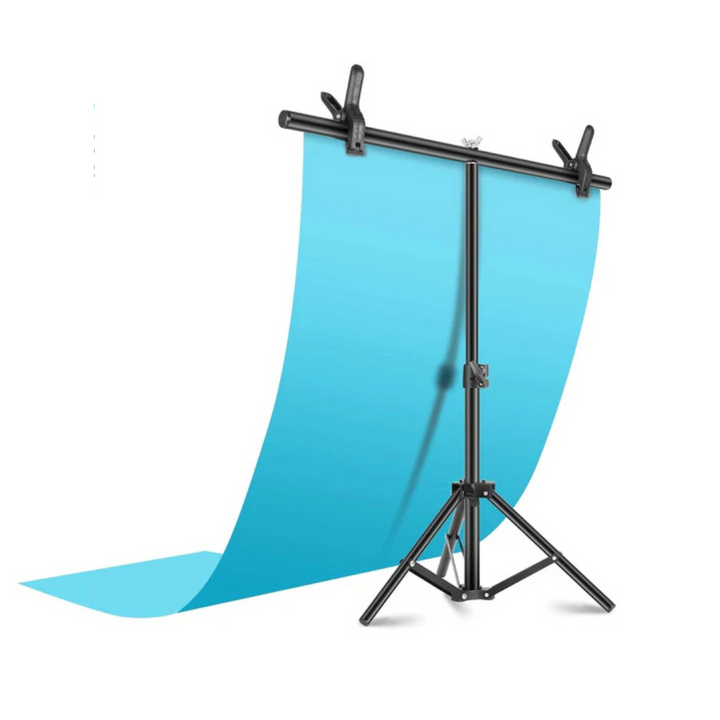 A retractable stand with a crossbar used to hold a blue backdrop for photography.