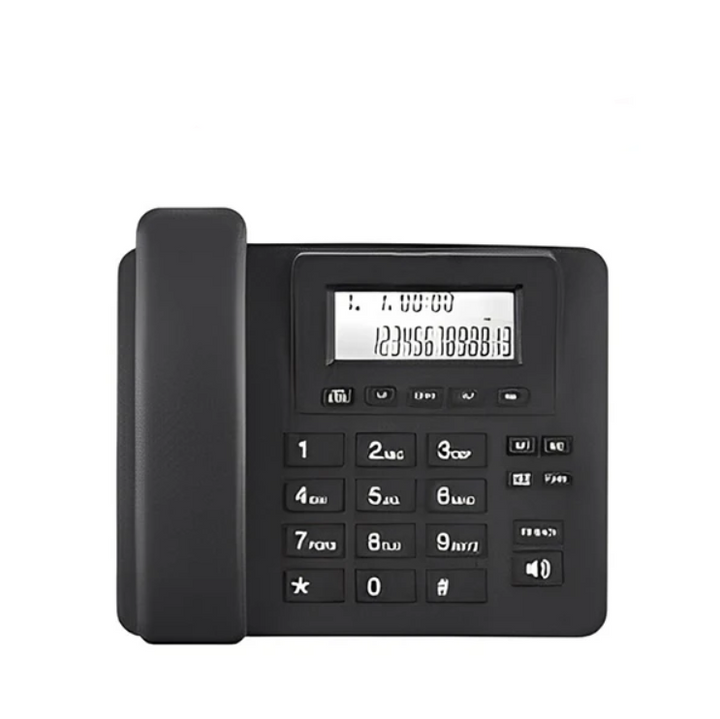 Black office phone with digital display and keypad on a white background