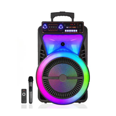 Portable speaker with RGB lighting效果, microphone, and remote control on a white background