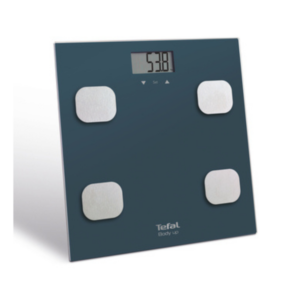 A digital body fat scale with a large LCD display, glass weight platform, and Tefal branding.