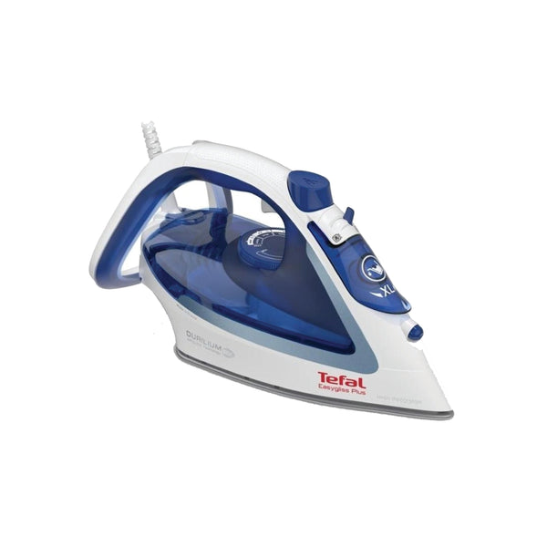 White and blue steam iron on a white background