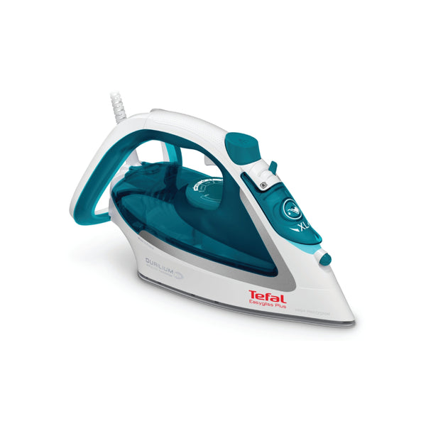 White and blue iron with visible brand logo on a white background