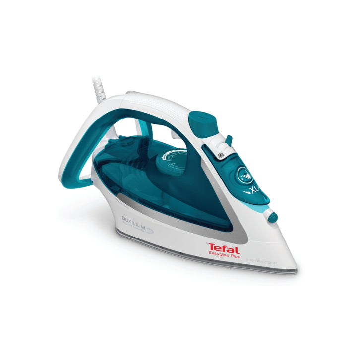 White and blue iron with visible brand logo on a white background