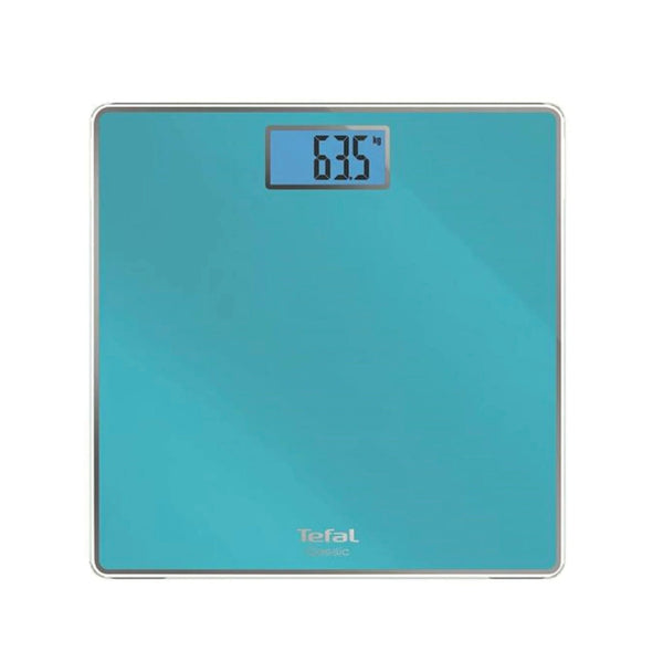 Teal digital bathroom scale with a blue display on a white background