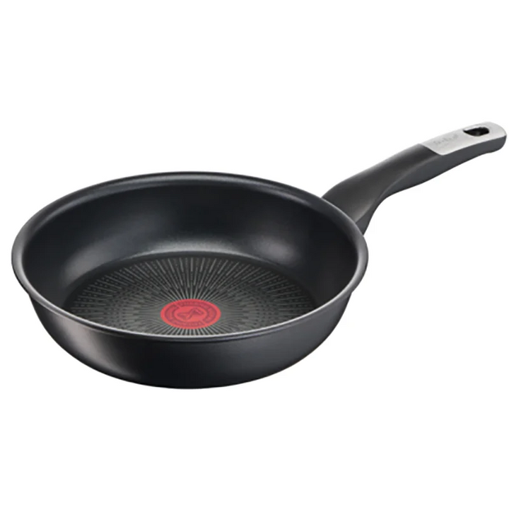 Black frying pan with Teflon logo on a white background