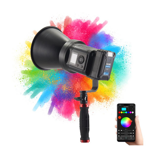 A Tolifo SK-135VR RGB COB Video Light with a black diffuser, connected to a handle with a red and black color scheme. A colorful splash graphic is in the background, representing a range of colors produced by the light.