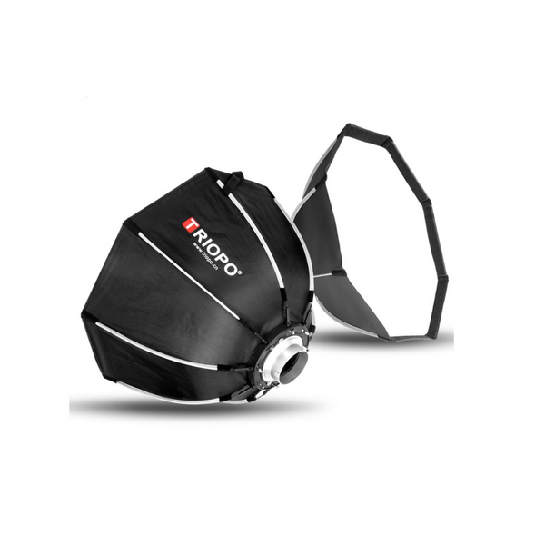 A black octagon-shaped softbox for camera flashes, with a silver reflective interior and a white diffuser panel, branded by Triopo.