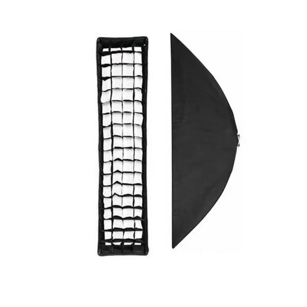 A black fabric softbox with a grid, displayed in two different views, one showing the front and the other showing the side.