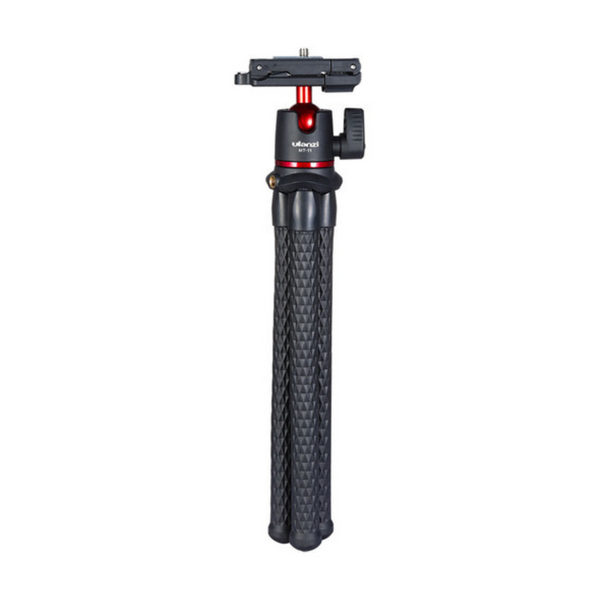 A black Ulanzi MT-11 multifunctional tripod with a textured grip and red accents, featuring a ball head and a phone clip.