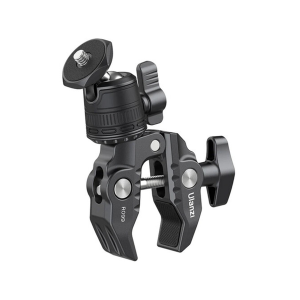 A black Ulanzi R099 Super Clamp with Mini Ball Head, featuring a screw clamp and a ball head for camera or light support.