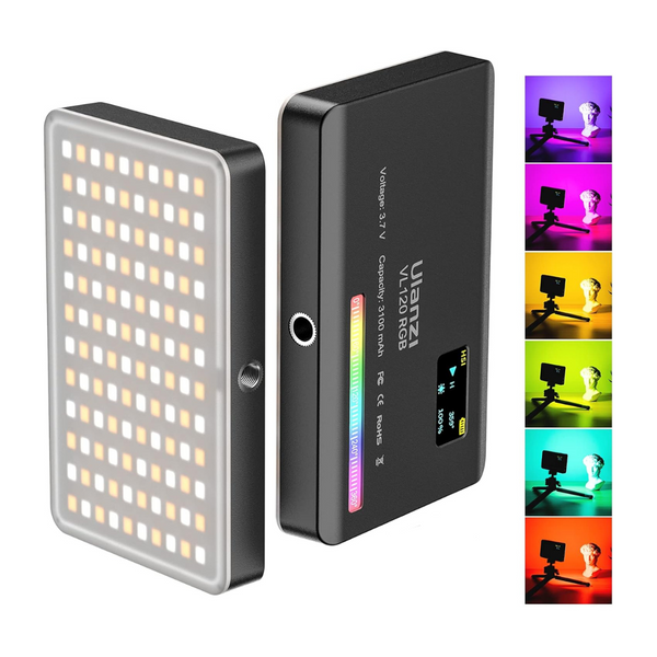 A black Ulanzi VL120 RGB LED video light with an OLED display panel, showing various color settings and the ability to connect via USB-C. It has a rectangular shape with multiple LED nodes and a visible control dial.