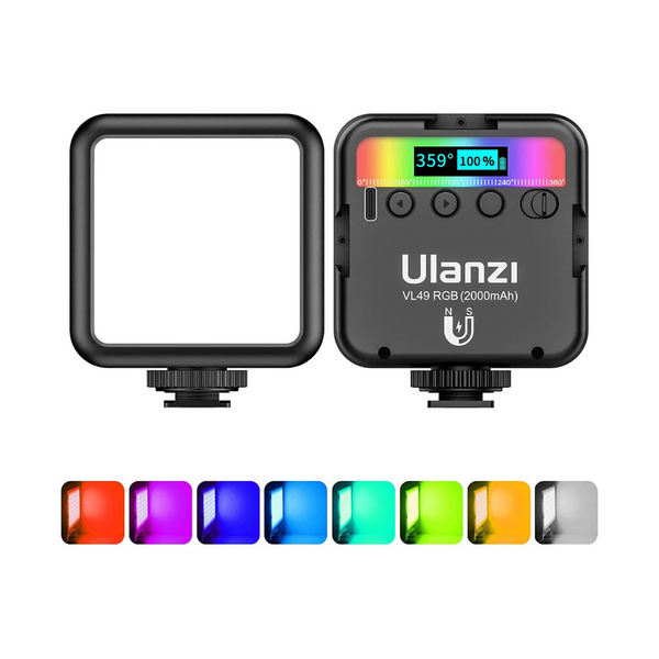 Ulanzi VL49 rechargeable mini LED light with a color wheel displaying various color temperatures. The light is black with a digital display on the front and multiple mounting options.