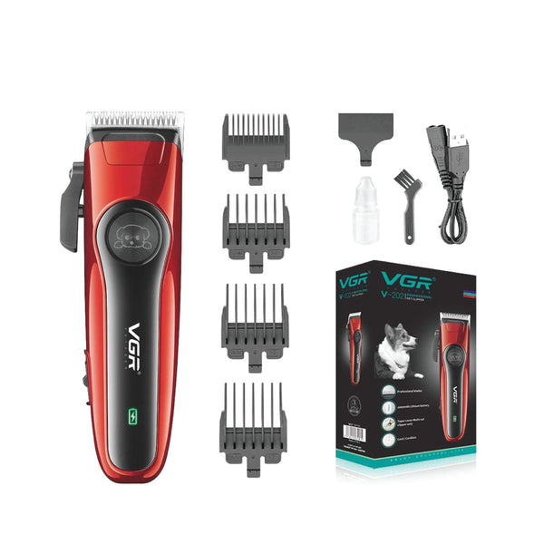 Red and black VGR hair trimmer set with attachments and packaging on a white background