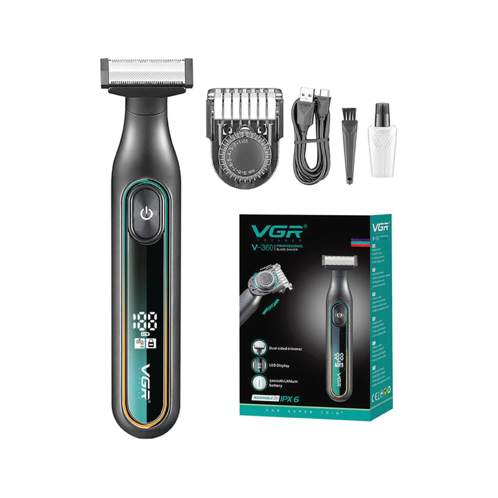 Electric shaver with accessories and VGR packaging on a white background