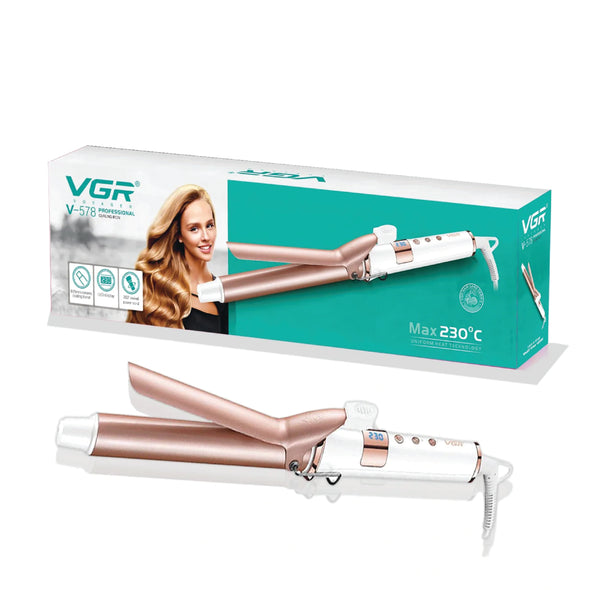 Rose gold and white hair straightener with VGR packaging on a white background