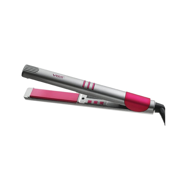 Pink and silver hair straightener on a white background