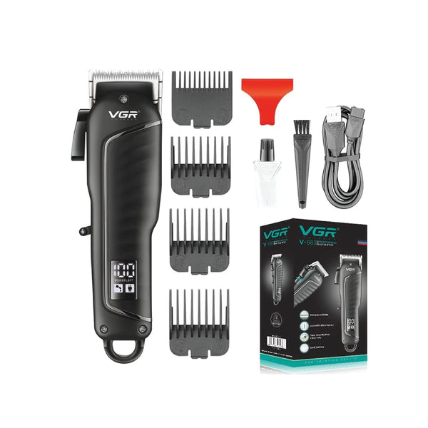 VGR hair trimmer set with attachments and packaging on a white background