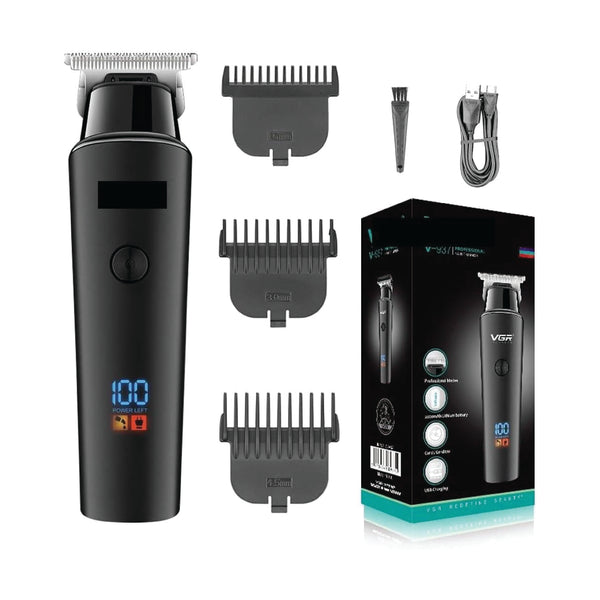 Hair trimmer set with attachments and packaging on a white background