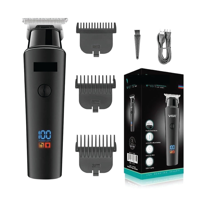 Hair trimmer set with attachments and packaging on a white background