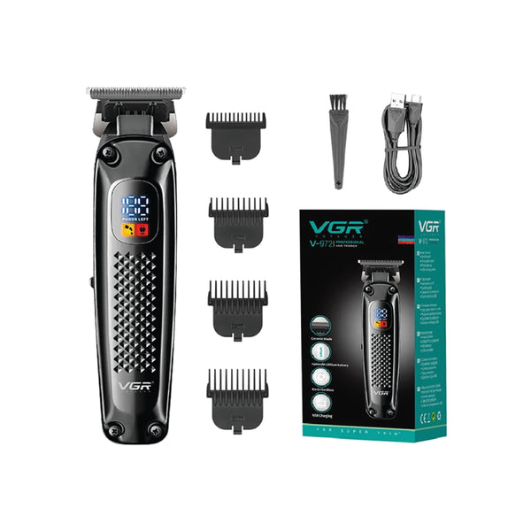 Hair trimmer set with attachments and packaging on a white background