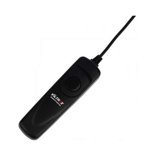 A black Viltrox wired remote control with a button and a long cable.