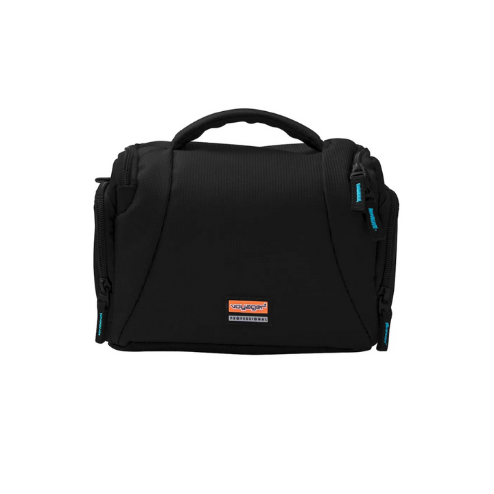 A black Voyager DSLR Camera Handbag with a zipper closure, a carry handle, and shoulder strap.