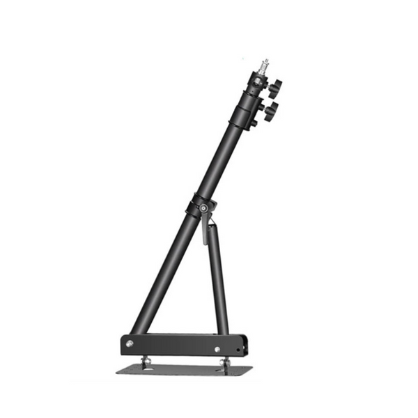 A black metal wall mount extended arm with adjustable length and angle, featuring a triangular base and multiple mounting holes.