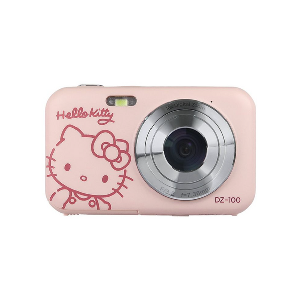 Pink digital camera with Hello Kitty design on a white background