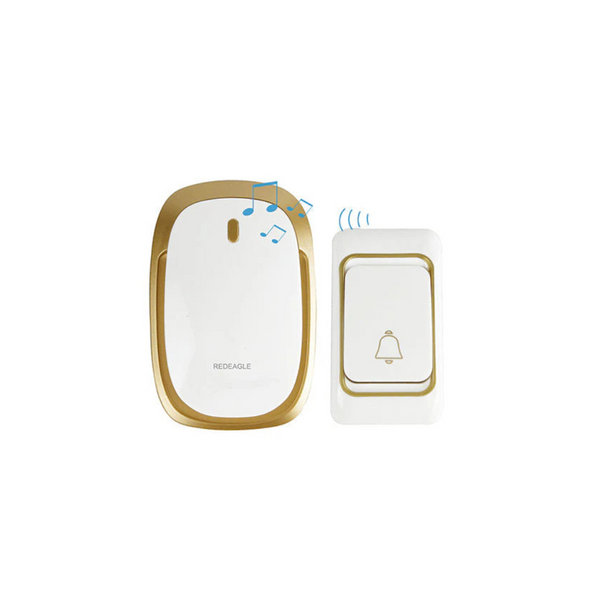 A wireless doorbell set featuring a yellow and white chime box with a gold accent and a white push button with gold details.
