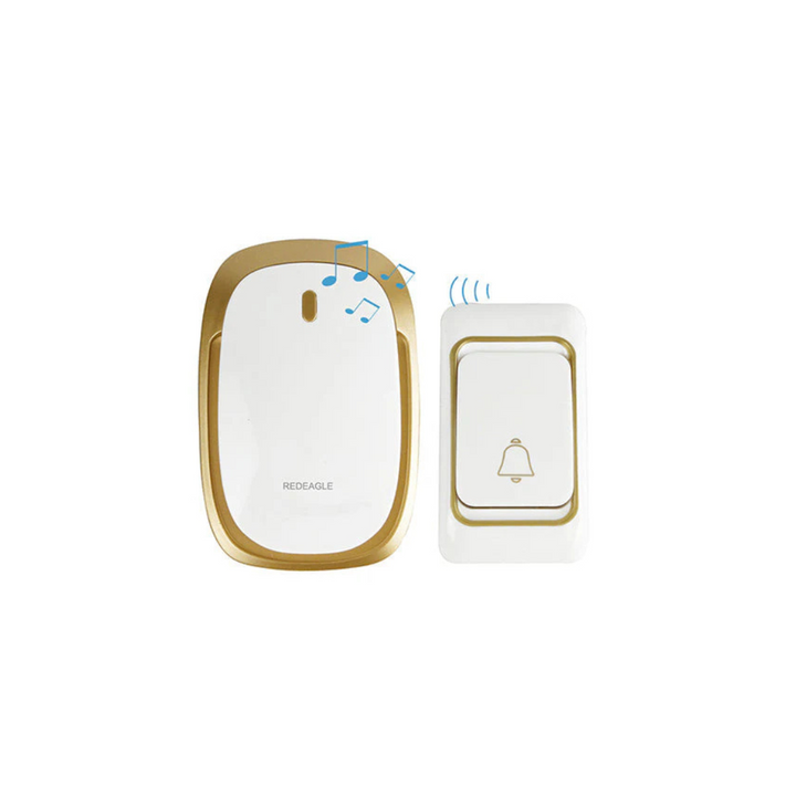 A wireless doorbell set featuring a yellow and white chime box with a gold accent and a white push button with gold details.