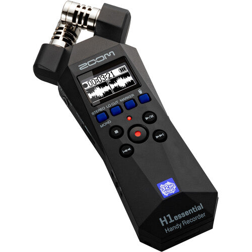 Zoom H1essential 2-Track 32-Bit Float Portable Audio Recorder with a digital display, microphone, and control buttons.