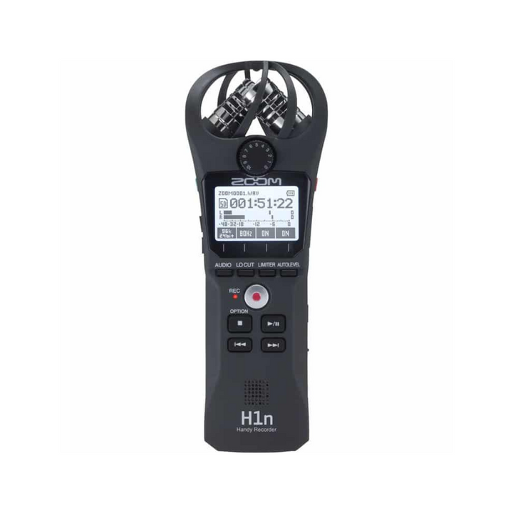 Black digital voice recorder with display on a white background