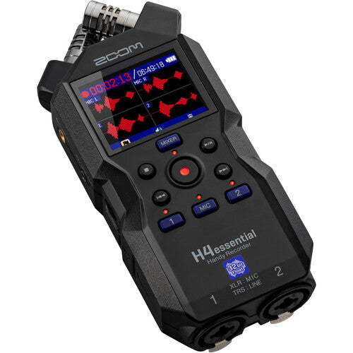 Zoom H4essential 4-Track 32-Bit Float Portable Audio Recorder with a digital display, various control buttons, and microphone inputs.