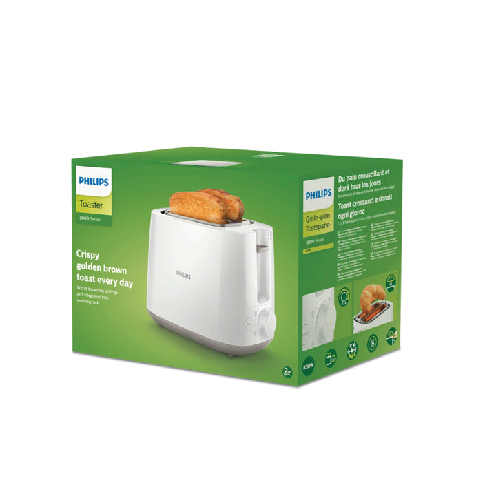 Philips toaster packaging with green background and white toaster image